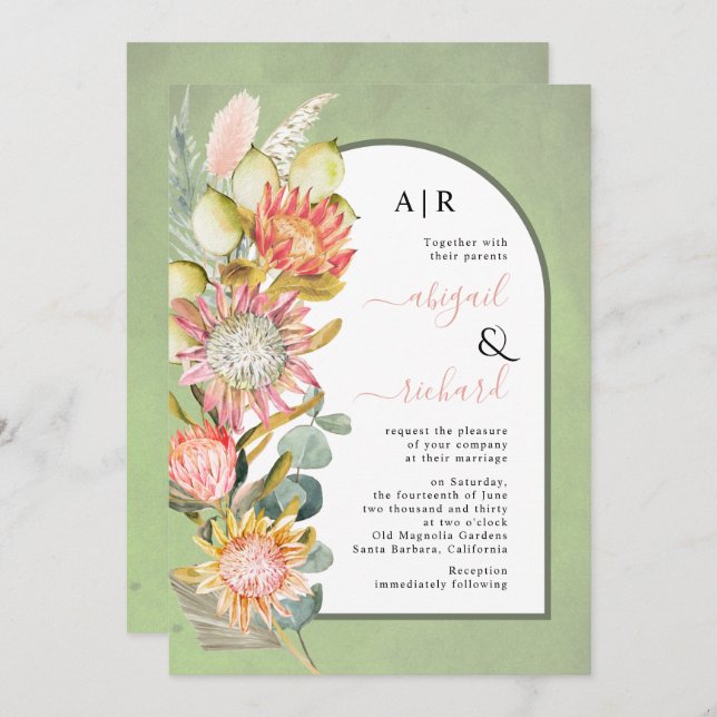 Invitation Protea fleurs pampas herbe sauge vert mariage (Devant / Derrière)