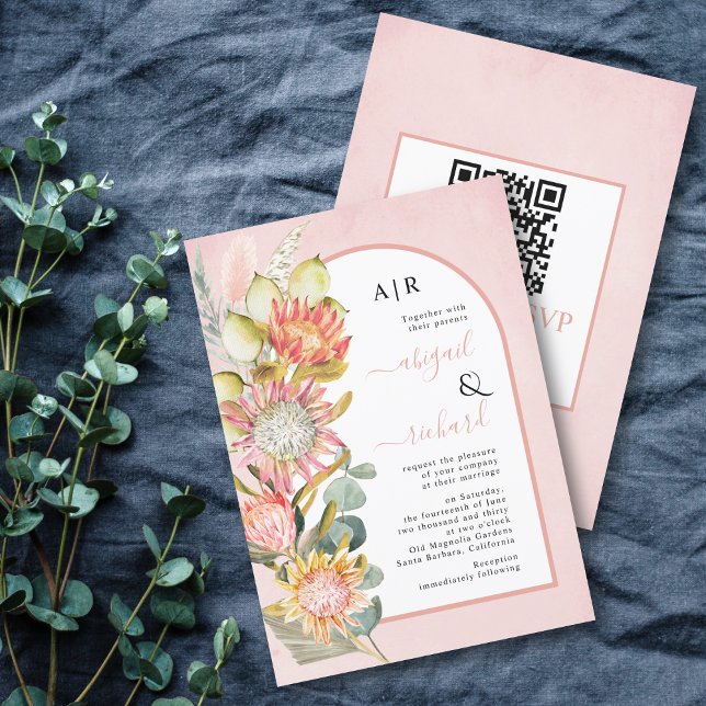 Invitation Protea fleurs QR code RSVP arche rose mariage Invi (Créateur téléchargé)
