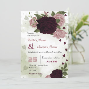 Invitation prune rose bordeaux fleurs verdure mariage