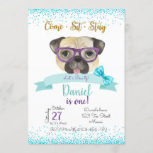 Pug Birthday Invitation, Pug Invitez