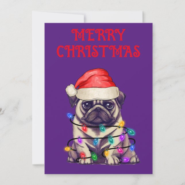 INVITATION "PUG ENROULÉ DANS DES GUIRLANDES DE NOËL" (Devant)