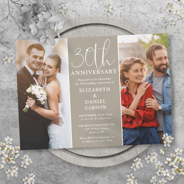 Invitation Puis et maintenant 2 Photo 30e anniversaire Mariag (Then And Now 2 Photo 30th Wedding Anniversary Invitation)