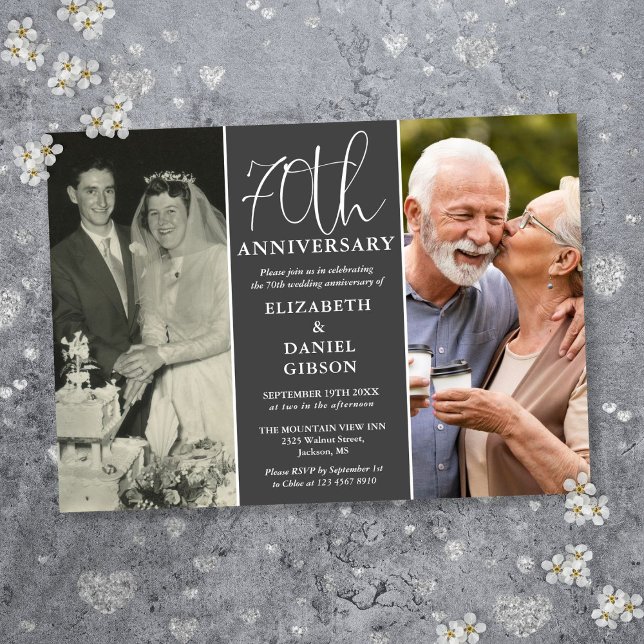 Invitation Puis et maintenant 2 Photo 70e anniversaire Mariag (Then And Now 2 Photo 70th Wedding Anniversary Invitation)