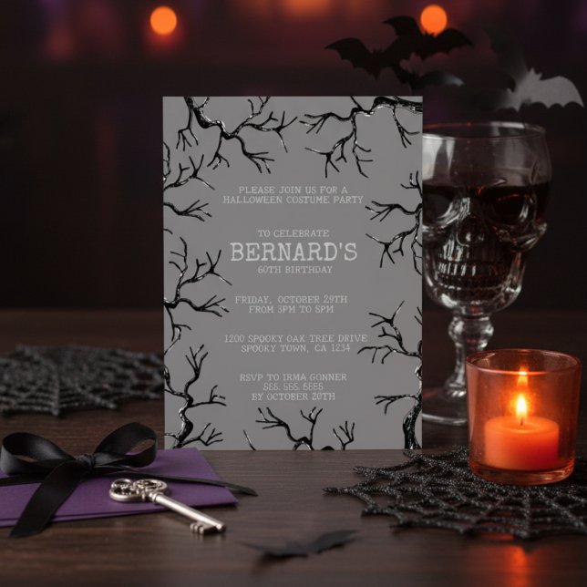 Invitation Puissant comme le Chêne Éffrayant Adulte Anniversa (Spooky Vintage Oak Trees Halloween Birthday Invitation. Scary Oaks Illustration in Black Ink for Him)