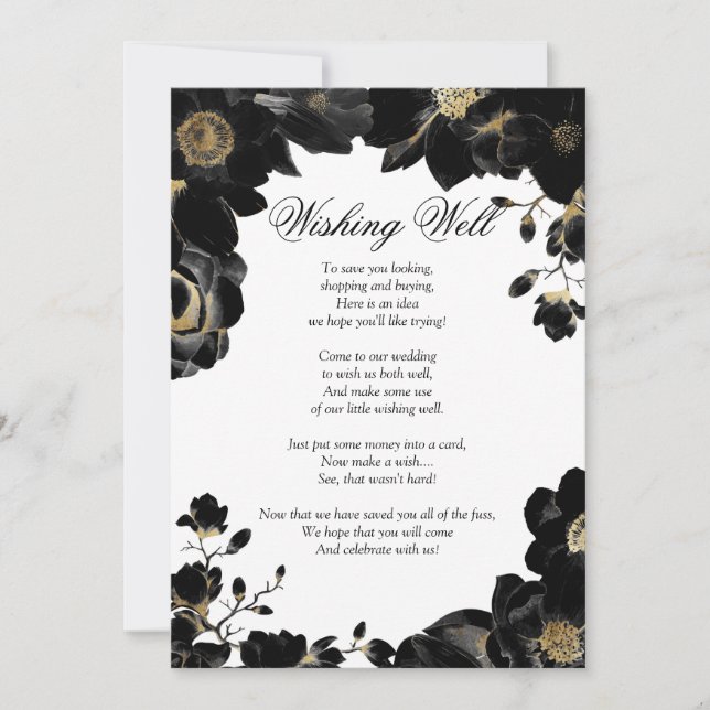 Invitation Puits de souhaits floral noir aux accents dorés (Devant)