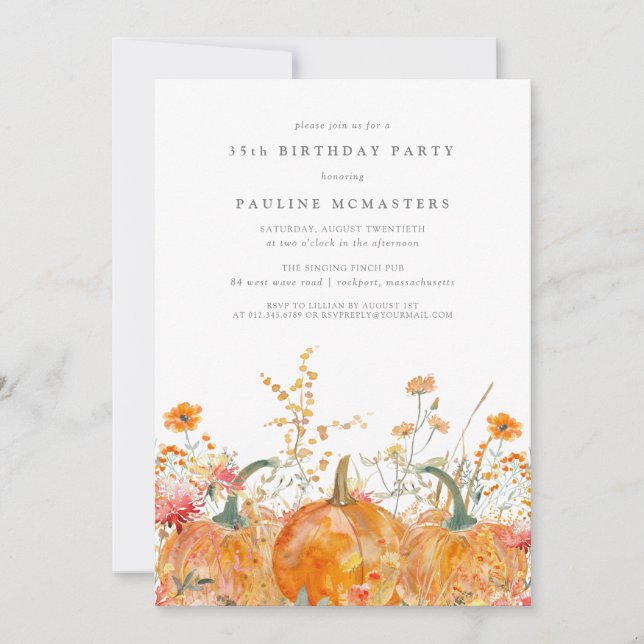 Invitation Pumpkin Wildflower Fall Watercolor 35th Birthday  (Devant)