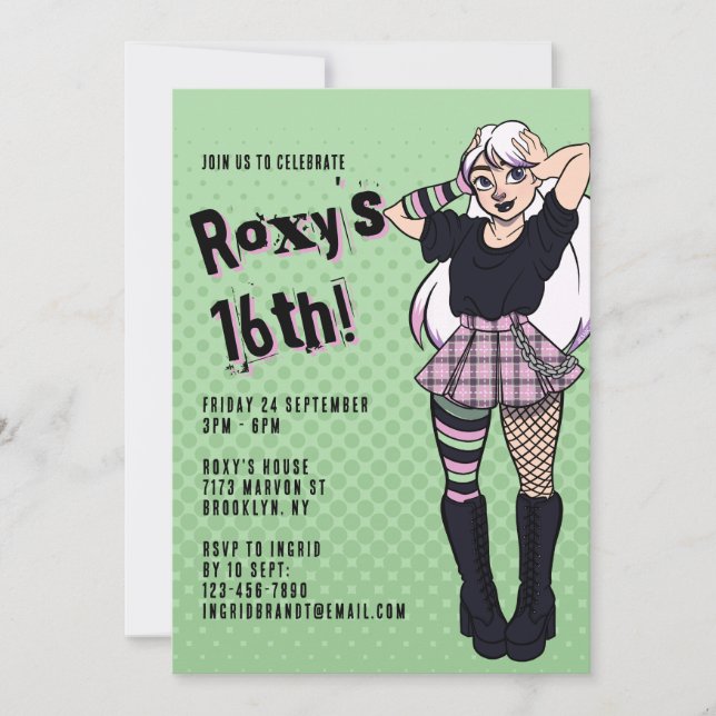 Invitation Punk Ado Girl Green Cartoon 16e anniversaire (Devant)