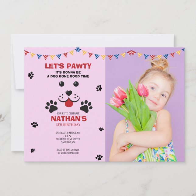 Invitation Puppy Dog Lets Pawty Birthday Boy Photo (Devant)
