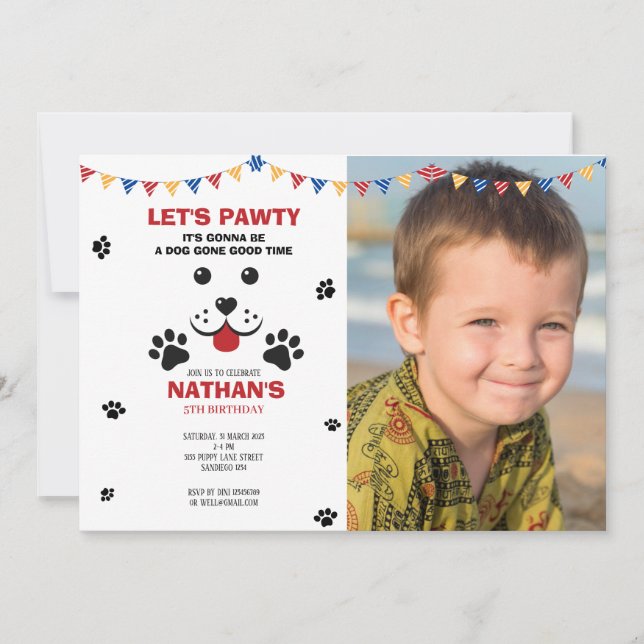 Invitation Puppy Dog Lets Pawty Birthday Boy Photo (Devant)
