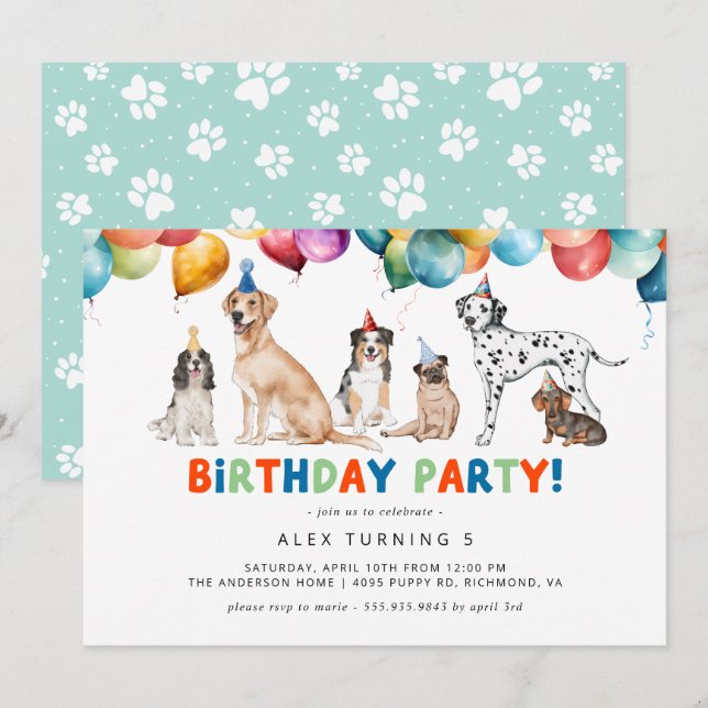 Invitation Puppy Party | Jote Fun Kids Chien Thème Anniversai (Devant / Derrière)