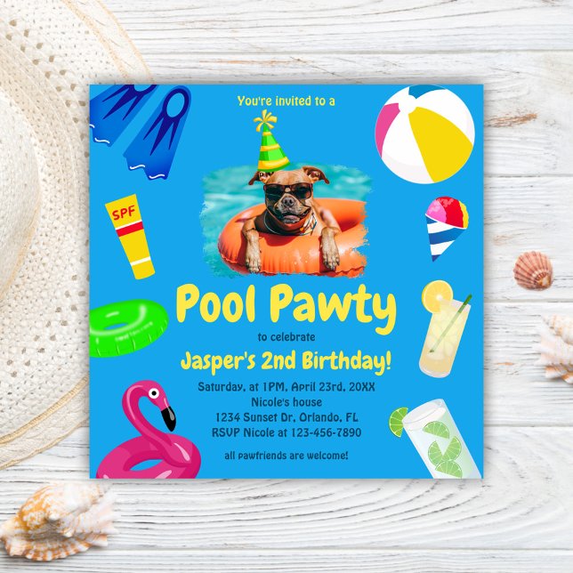 Invitation Puppy Pawty Pool Party Chien Anniversaire (Puppy Pawty Pool Party Dog Birthday Invitation)