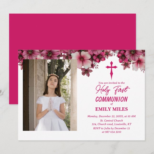 Invitation Pure Elegance florale première communion catholiqu (Devant / Derrière)
