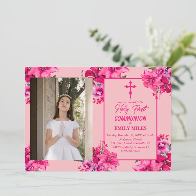 Invitation Pure Elegance rose fleur première communion cathol (Debout devant)