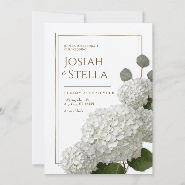 Invitation Pure White Minimalist Hydrangea Gold Frame Wedding (Devant)