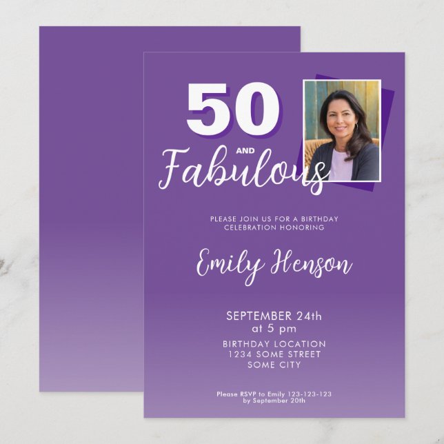 Invitation Purple 50 et Fabulous 50th Birthday Party (Devant / Derrière)