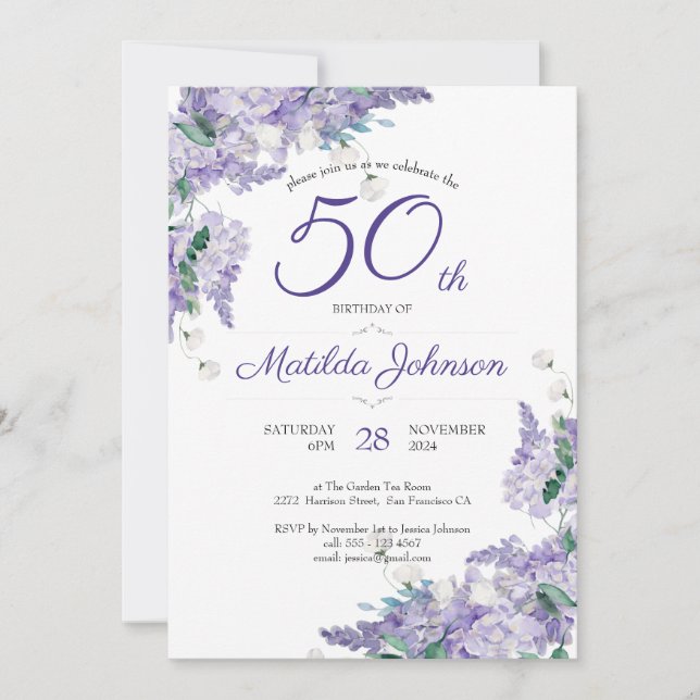 Invitation Purple 50e anniversaire Floral Wisteria Aquarelle (Devant)