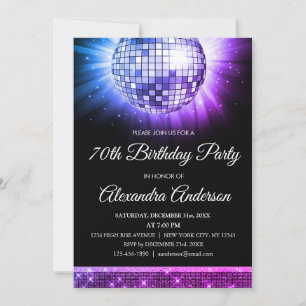Invitation Purple 70th Birthday Party 70's Disco Ball