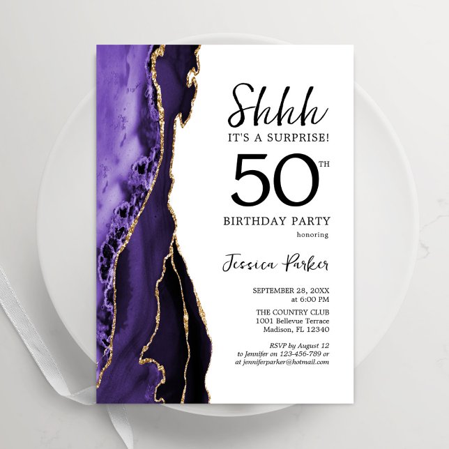 Invitation Purple Agate Blanc Or Surprise 50e anniversaire (Créateur téléchargé)