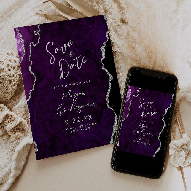 Invitation Purple Agate Silver Script Wedding Save the Date (Créateur téléchargé)