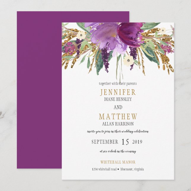 Invitation Purple Amethyst Parties scintillant or Mariage de  (Devant / Derrière)