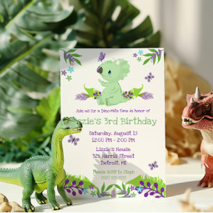 Invitation Purple and Blue Dino-Mite Heure Anniversaire