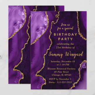 Invitation Purple and Gold Agate Marble 21st Birthday Party
