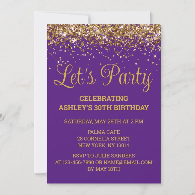 Invitation Purple and Gold Parties scintillant 30e anniversai (Devant)
