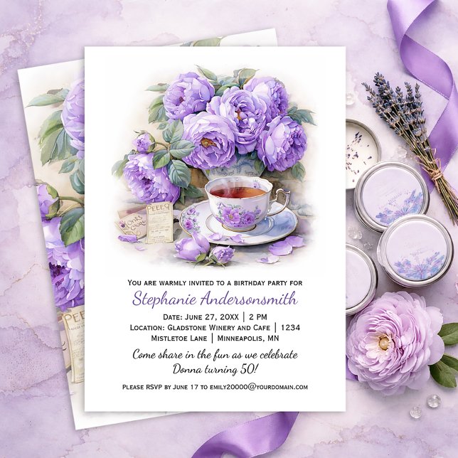 Invitation Purple and Lavender Peonies Tea Cup Birthday Party (Créateur téléchargé)