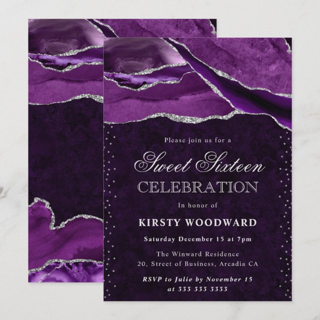 Invitation Purple and Silver Glitter Agate Sweet 16 (Devant / Derrière)