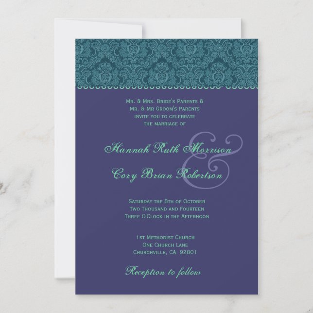 Invitation Purple and Turquoise Mariage damassé R4 (Devant)
