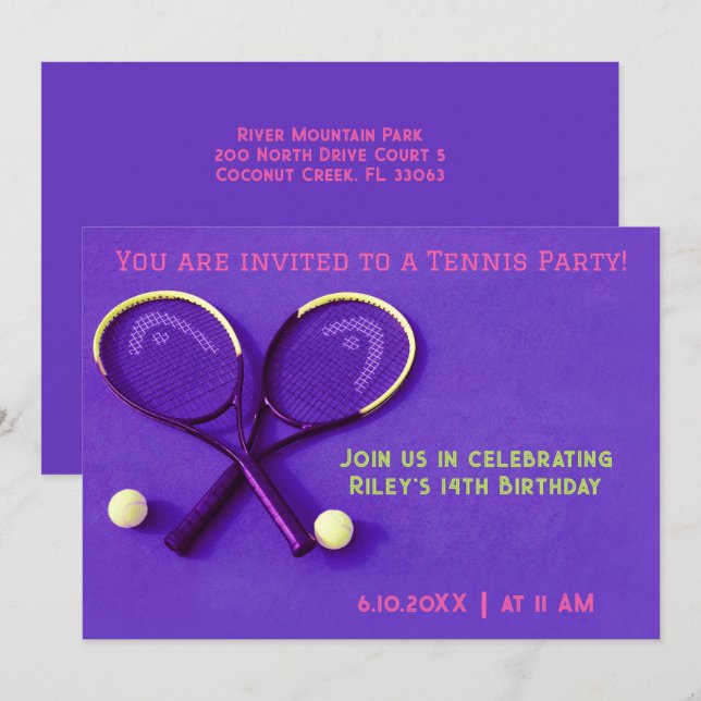 Invitation Purple Anniversaire Raquettes et Balls Tennis (Devant / Derrière)