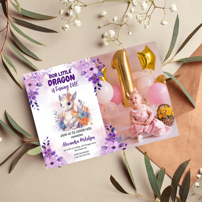 Invitation Purple Aquarelle Dragon Bébé 1er Anniversaire Phot (Créateur téléchargé)