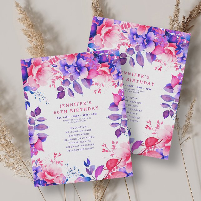 Invitation Purple Aquarelle Florale 60e Anniversaire Programm (Purple Watercolor Floral 60th Birthday Program )