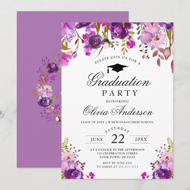 Invitation Purple Aquarelle Florale Moderne Graduation Party (Devant / Derrière)