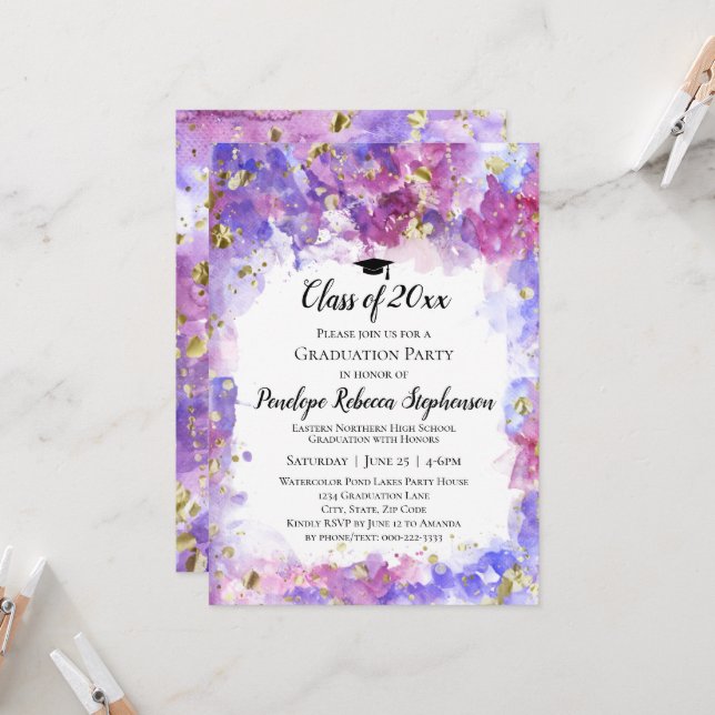 Invitation Purple Aquarelle Gold Splatter Graduation Party (Devant/Arrière en situation)