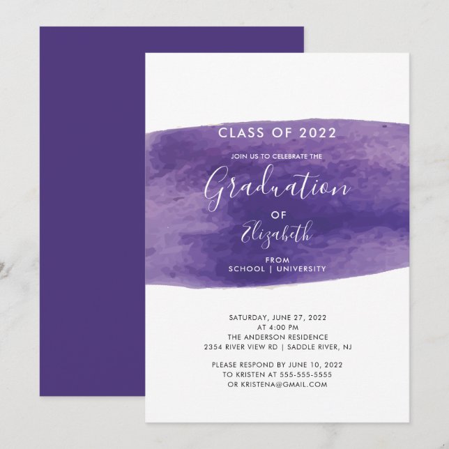 Invitation Purple Aquarelle Laver Partie de Graduation Invita (Devant / Derrière)