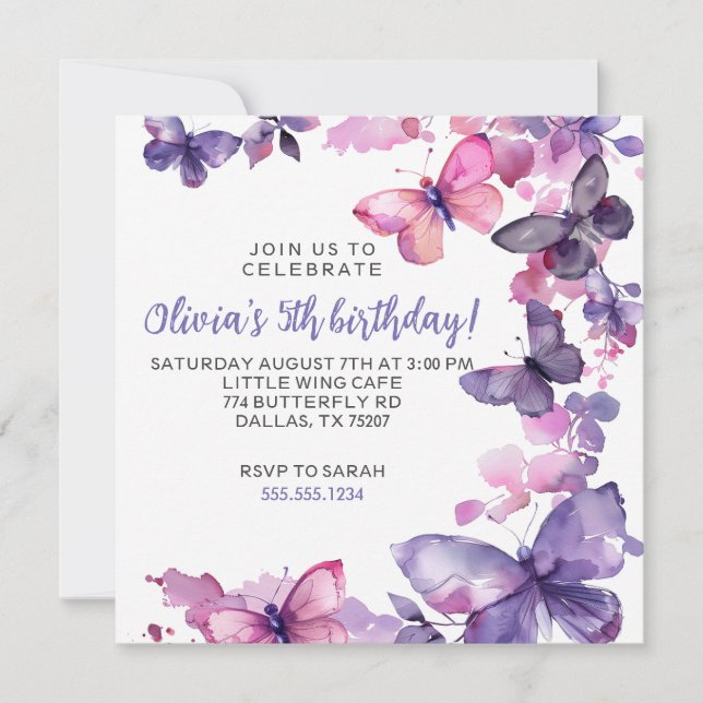 Invitation Purple Aquarelle Papillon Fille à l'anniversaire (Devant)