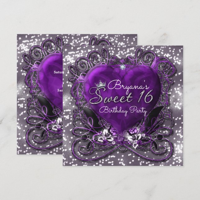 Invitation Purple & Argent Coeur Étincelle Douce 16 Invitatio (Devant / Derrière)