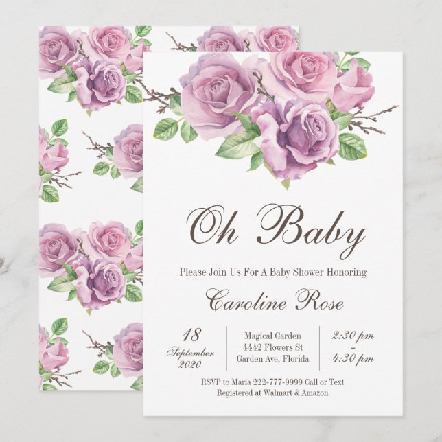 Invitation Purple Baby Girl Douche Invitations, Fleur violet (Devant / Derrière)