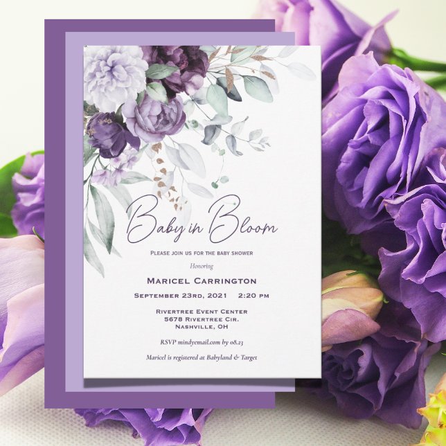 Invitation Purple Baby in Bloom Aquarelle Baby shower moderne (Créateur téléchargé)