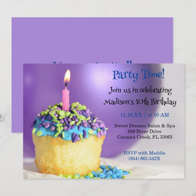 Invitation Purple Balloon bleu cupcake Anniversaire Invitatio (Devant / Derrière)
