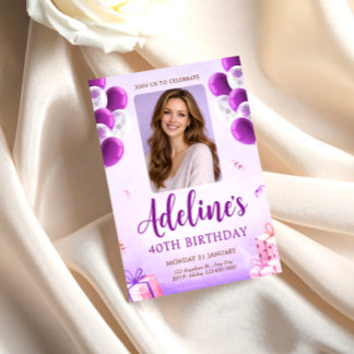 Invitation Purple Balloon Photo 40th Birthday for Women