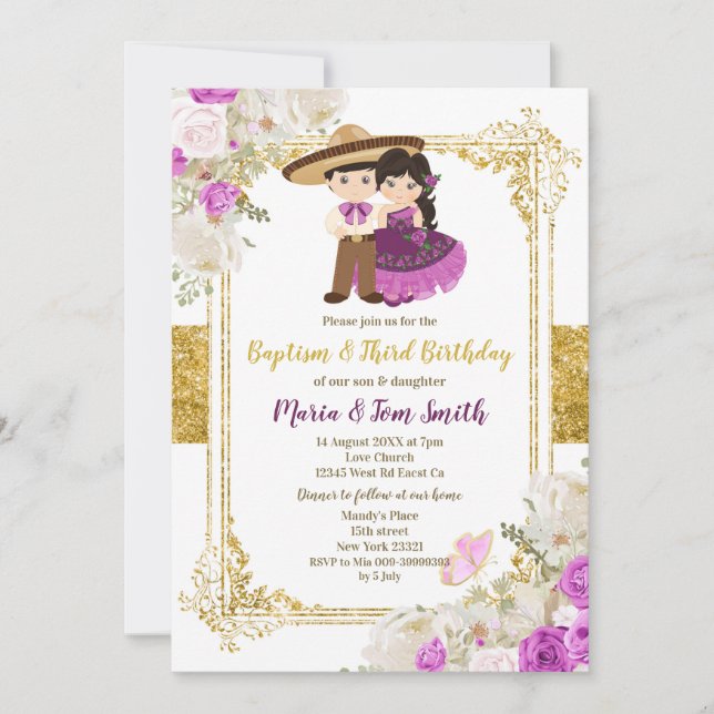 Invitation Purple Baptême Garçon Et Fille Et Troisième Annive (Devant)