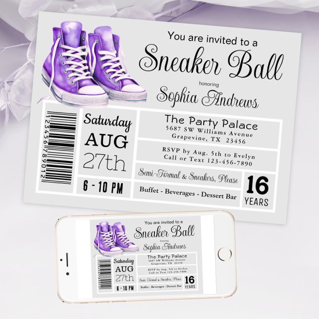 Invitation Purple Basket Ball Anniversaire Fête de chaussures (Purple sneaker ball invitation shoe label style. Available in instant download and print files.)