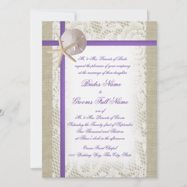 Invitation Purple Beach Burlap et Vintage Lace Mariage (Devant)