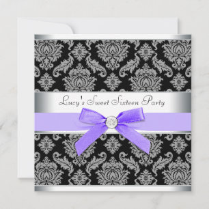 Invitation Purple Black Damask Sweet 16 Anniversaire
