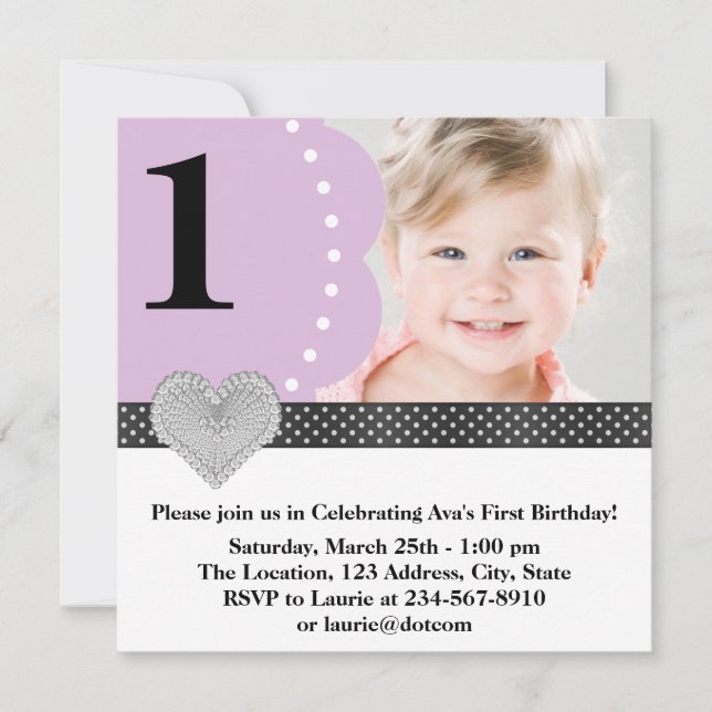 Invitation Purple Black Girls Photo 1er Anniversaire (Devant)