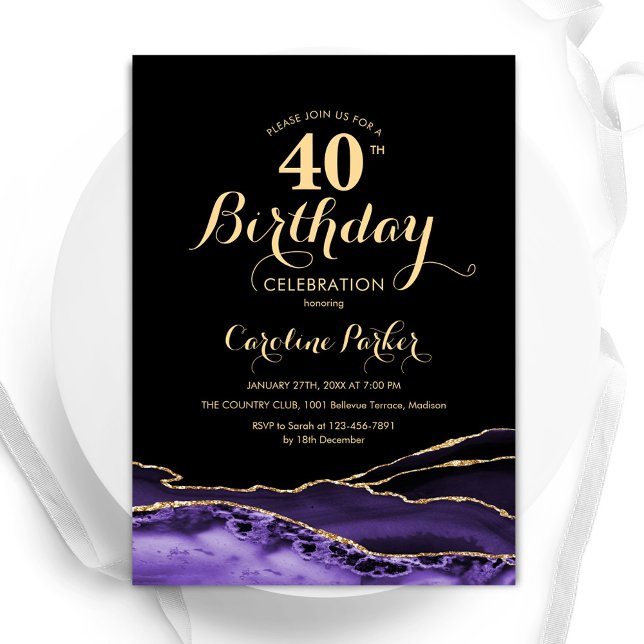 Invitation Purple Black Gold Agate 40e anniversaire (Créateur téléchargé)