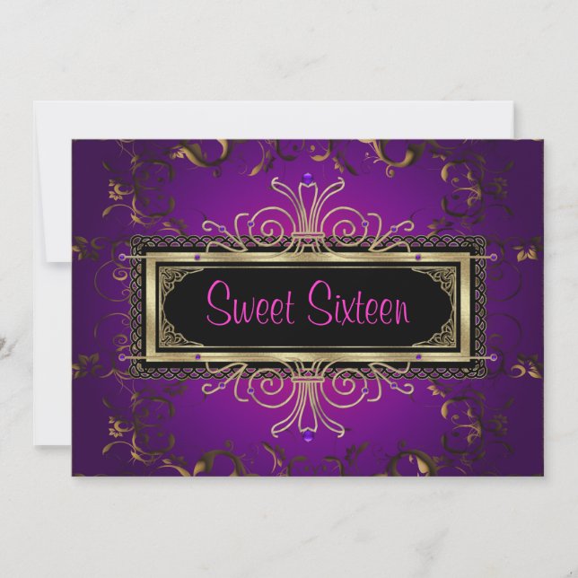 Invitation Purple Black Gold Sweet sixteen fête d'anniversair (Devant)