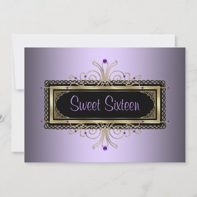 Invitation Purple Black Gold Sweet sixteen fête d'anniversair (Devant)